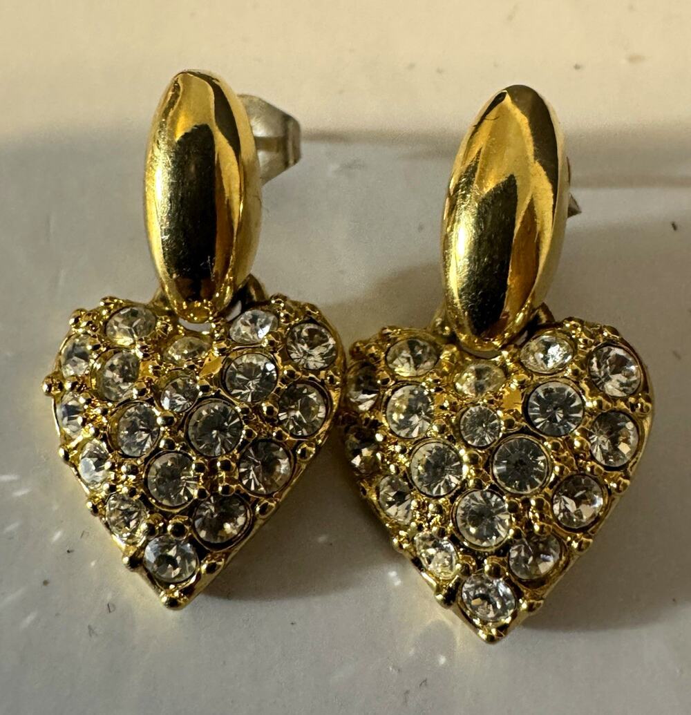 Vintage SWAROVSKI Swan Signed Gold Tone Pavé Crystal Heart Drop Earrings Pierced